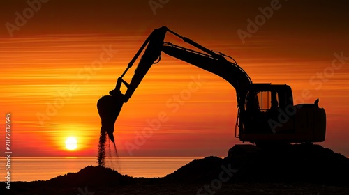 Silhouette of an excavator digging at sunset by the ocean