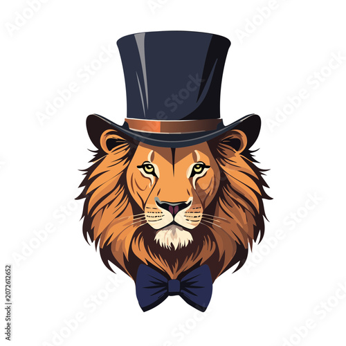 Lion head wearing top hat and bow tie vector illustration