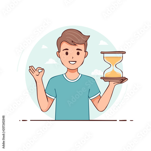 Smiling man holding hourglass, flat vector illustration