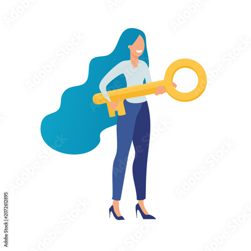 Woman holding large golden key, flat vector illustration
