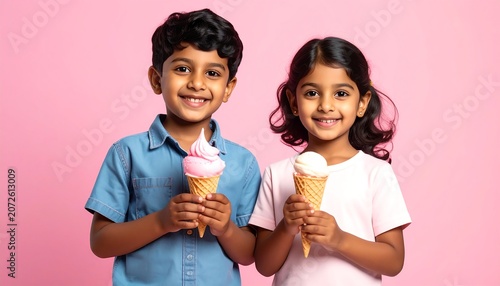 Two happy young children with ice cream cones on a pink background
