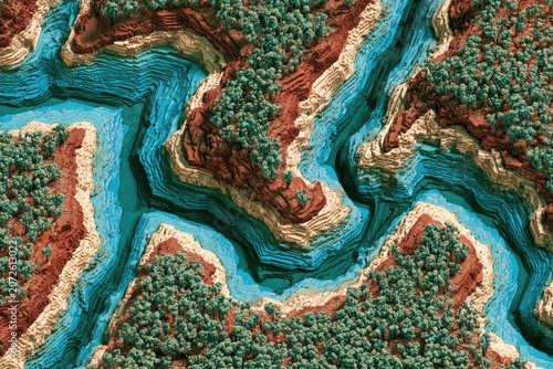 Aerial view of vibrant, layered landscape with winding river and dense forests