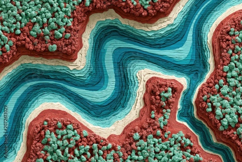 Abstract topographic map with flowing river, contoured land, and textured forest
