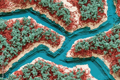 Stylized aerial view of winding rivers cutting through textured terrain with sparse foliage