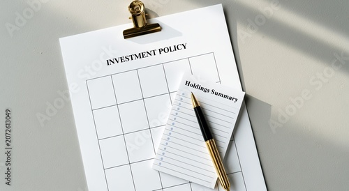 Clipboard with investment policy and pen, highlighting financial planning and strategy