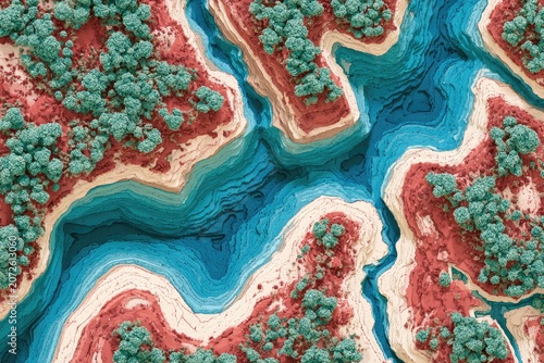 Vibrant, stylized aerial view of a river canyon with trees