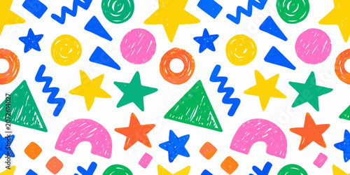 Colorful geometric shapes seamless vector pattern on white background