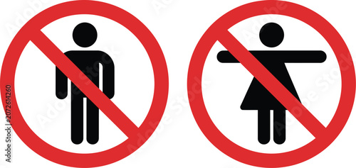 Photos No men, or women allowed signs, prohibited gender symbols for restricted access areas, regulations, and safety communication