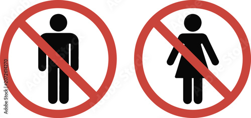 Photos No men, or women allowed signs, gender prohibition icons for access control, warning notices, and compliance requirements