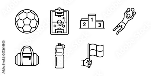 Photos Football and sports equipment icons arranged on a white background