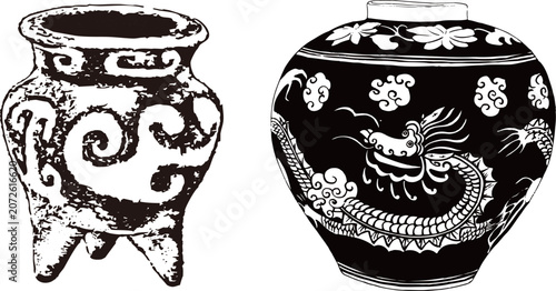 Photos Ancient Chinese ceramic vase and traditional bronze tripod vessel with dragon an