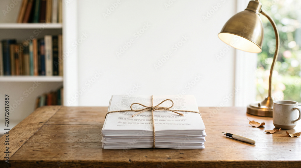 Fototapeta premium Stack of manuscript papers tied with string on a wooden desk with a lamp