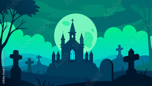 Halloween haunted castle in a spooky graveyard