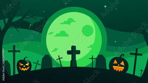 Schilderij op canvas Halloween scene with pumpkins and crosses under moonlight