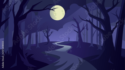 Moonlit forest road at night