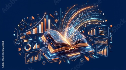 Glowing digital book with financial charts and data analytics