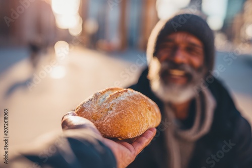 Kindness on the Street: A hand offering bread to a smiling recipient on a city sidewalk