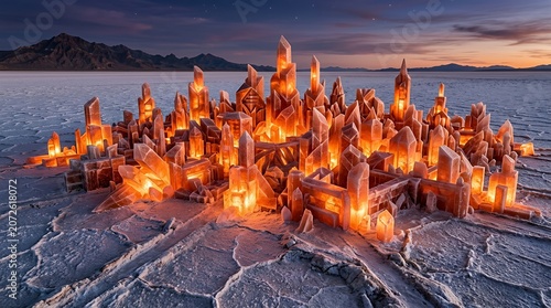 Glowing crystal formation city on cracked salt flat