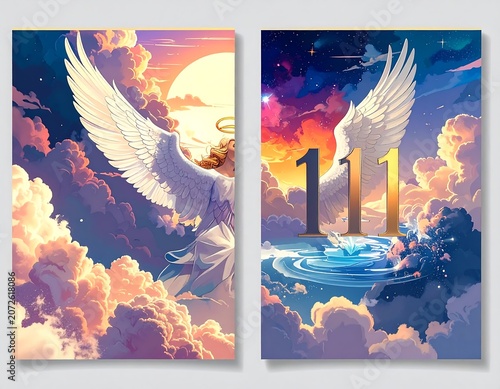 Two heavenly illustrations of an angel and numerical message amidst clouds