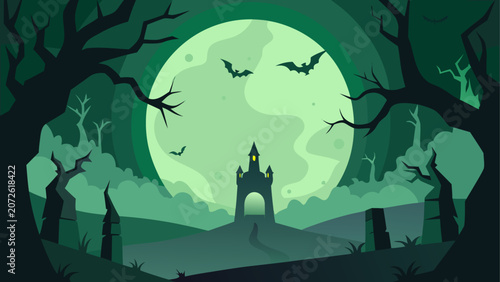 Halloween night scene with spooky castle and full moon