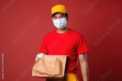 Delivery worker in cap and face mask holding paper food bag on red background