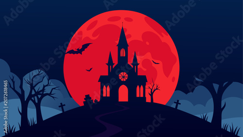 Halloween castle silhouette under red moon