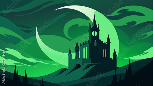 Green castle silhouette at night with glowing moon