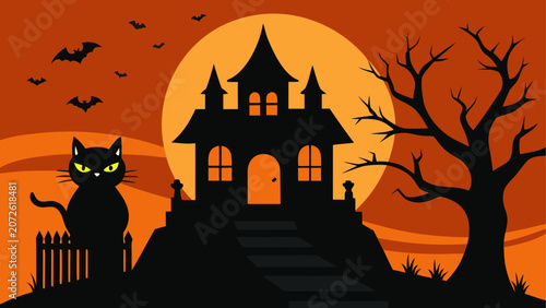 Halloween haunted house with black cat and bare tree
