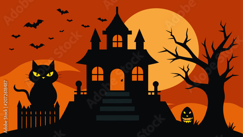 Halloween haunted house with cat and tree