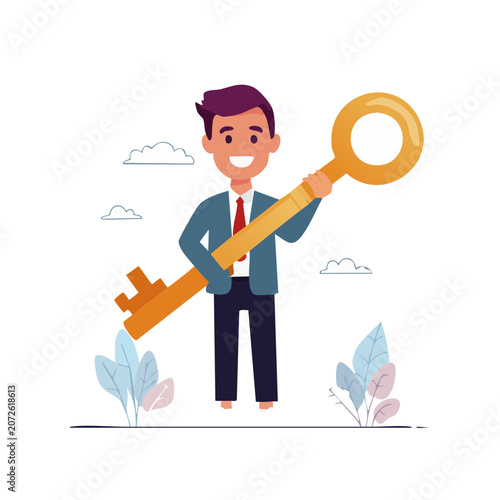 Businessman holding giant golden key illustration
