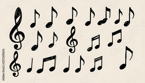 Textured black ink musical notation symbols on off white