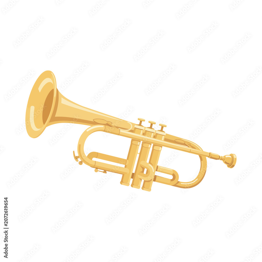 Obraz premium Shiny golden brass trumpet musical instrument isolated on white background, detailed of a classical wind instrument for orchestra