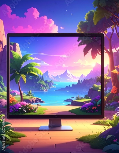 A monitor showcasing a tropical landscape with mountains and trees