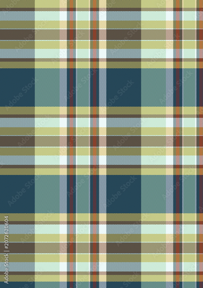 Seamless dark blue, olive green, and soft yellow plaid pattern background. Multicolored checkered tartan vector design for rustic autumn textiles, flannel shirts, and vintage wrapping paper.