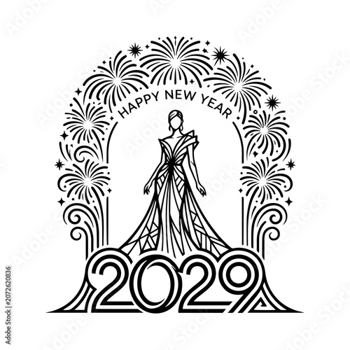 Obraz na plátně 2029 new year graphic featuring elegant woman in fancy dress and fireworks