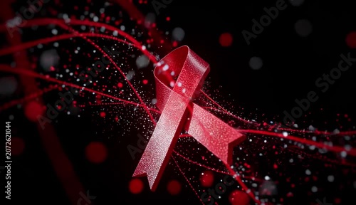 Red Ribbon Awareness Symbol on Black Background Health and Support