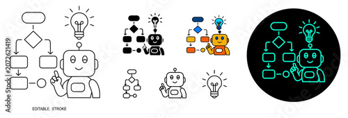 AI Workflow Automation Flowchart with Robot Assistant Editable Outline, Solid and Colored Variations Vector Set