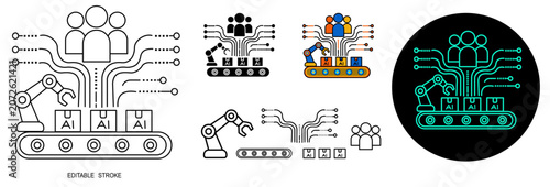 AI Workflow Data Processing Pipeline and Smart Manufacturing Assembly Line Editable Outline, Solid and Colored Variations Vector Set