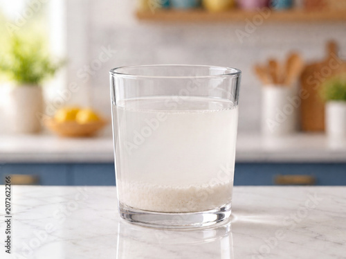 Glass of Cloudy Liquid with Sediment on Marble Kitchen Counter