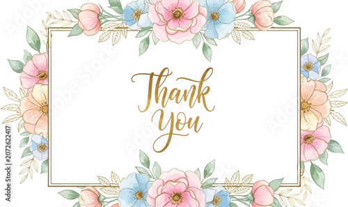 Tableau sur toile Golden text thank you card with pastel flowers