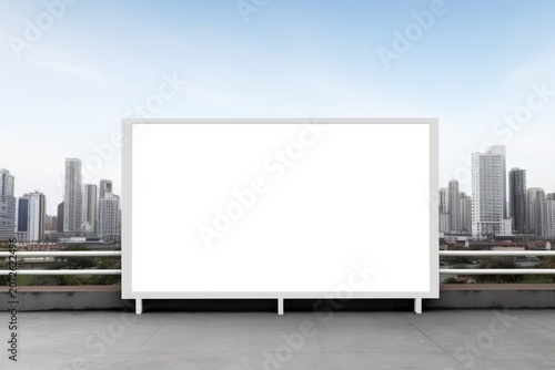 Blank white billboard on a rooftop terrace with railing, overlooking modern city skyscrapers under a clear blue sky
