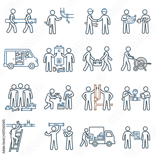 Plumber team icons including installation and transport services.