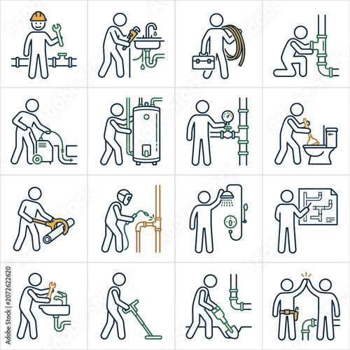 Plumber icons performing pipe repairs and water installation.