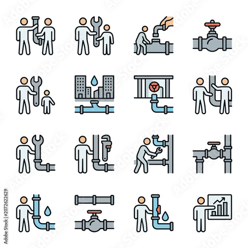 Plumbing service icons set with pipes and tools.