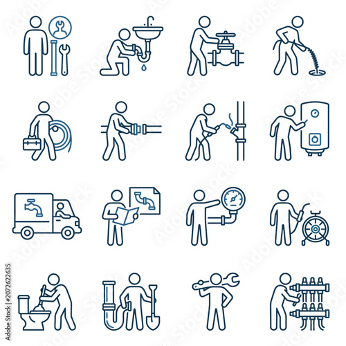 Plumbing service illustrations including workers and repair tools.