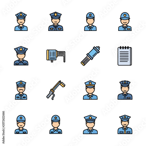 Police officer avatars and law enforcement equipment icons.