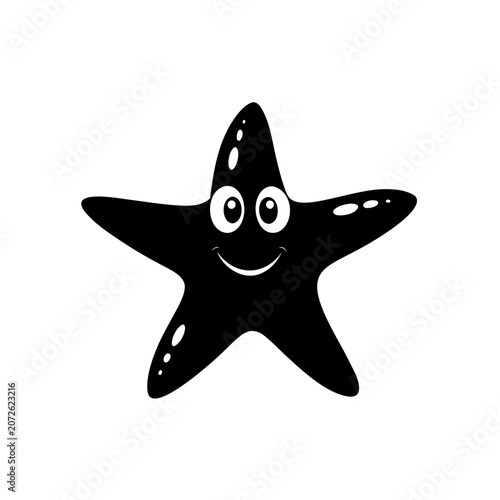 Cartoon black starfish with smiling face on transparent background