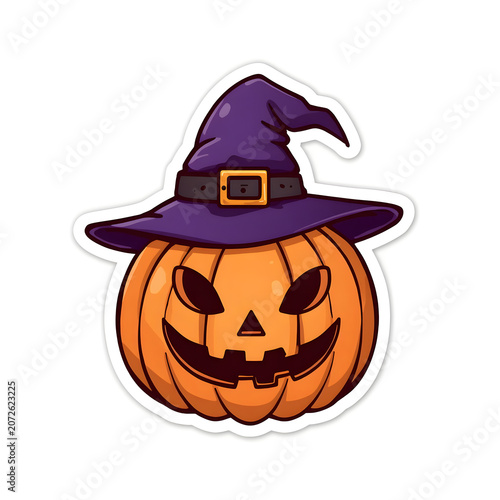 Sticker design, semi-cartoon motif of a Pumpkin character, witch hat, white background, painting, dark fantasy, illustration.