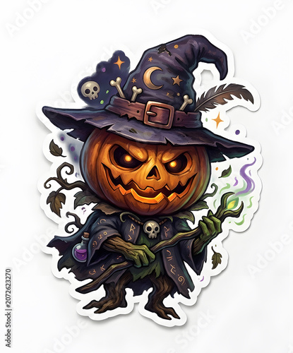 Sticker design, semi-cartoon motif of a Pumpkin character, witch hat, white background, painting, dark fantasy, illustration.