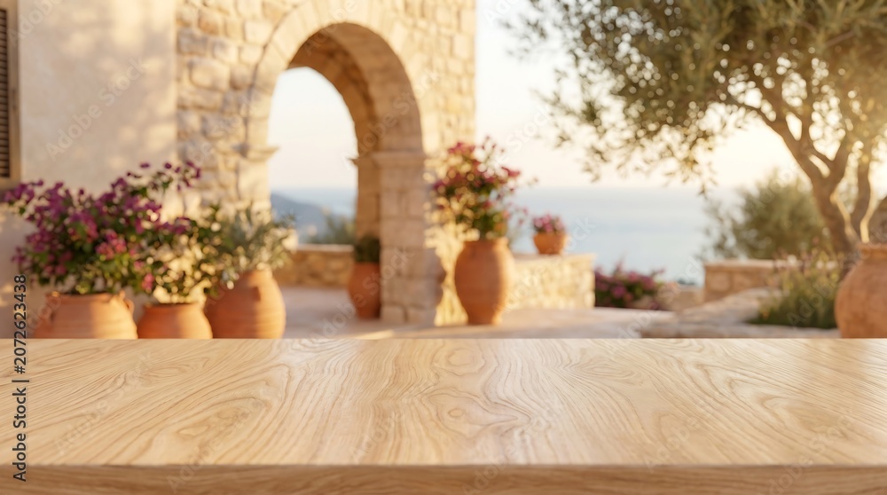 Fototapeta premium Wooden Table on Blurred Mediterranean Villa Background for Product Display in a Sunny Greek Terrace Garden Setting
